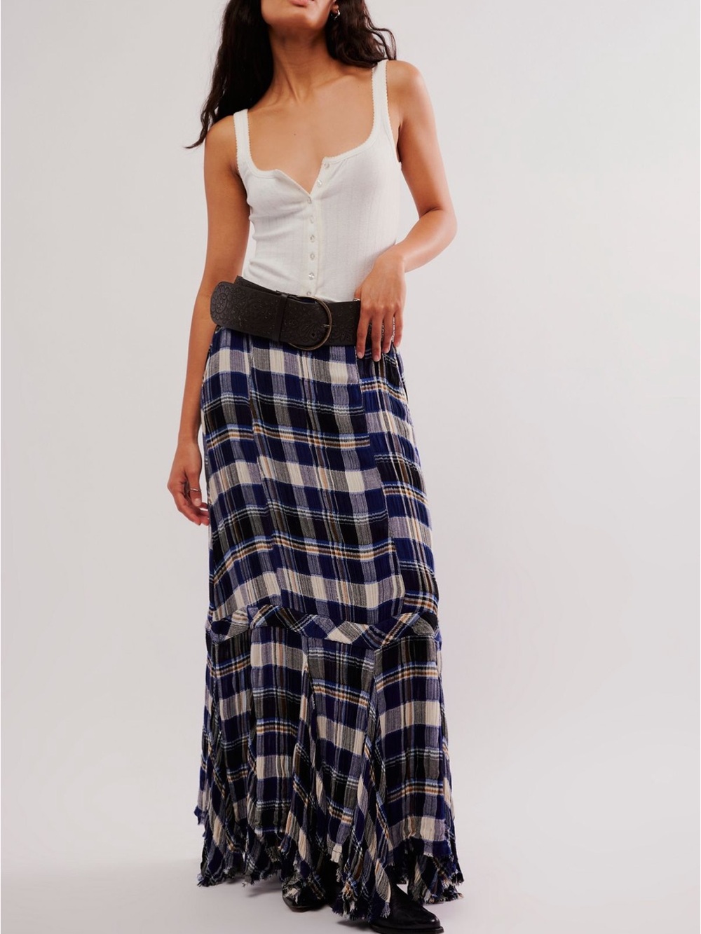 Free People Blue and White Plaid Maxi Skirt